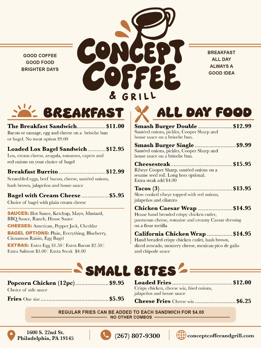 Food menu including breakfast, burgers and small bites