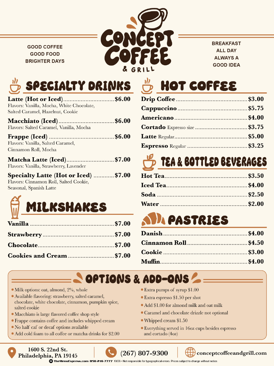 Coffee, drinks and pastry menu